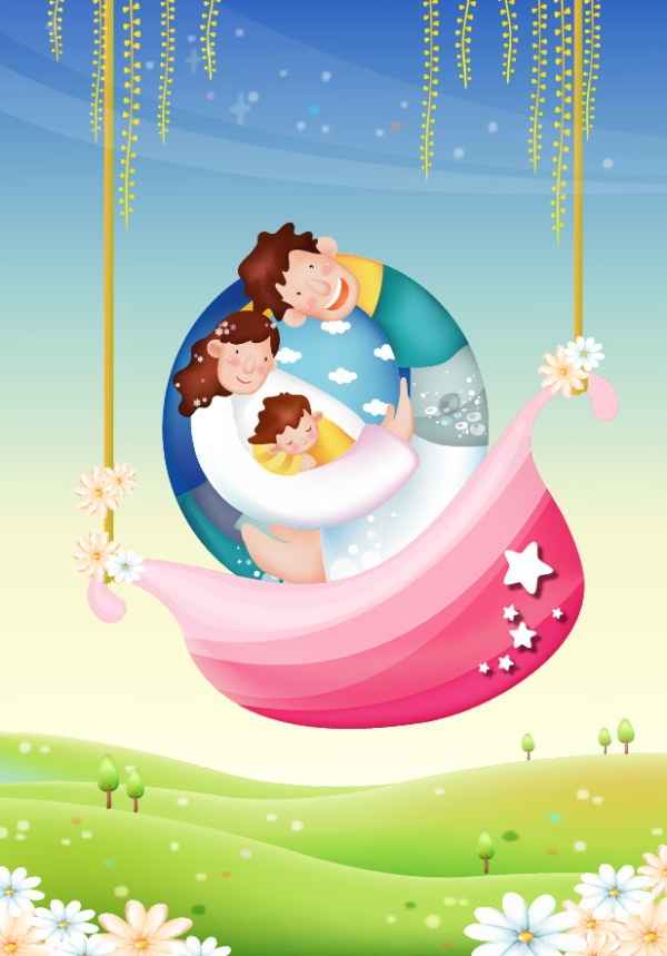 春天花田中一家人矢量素材