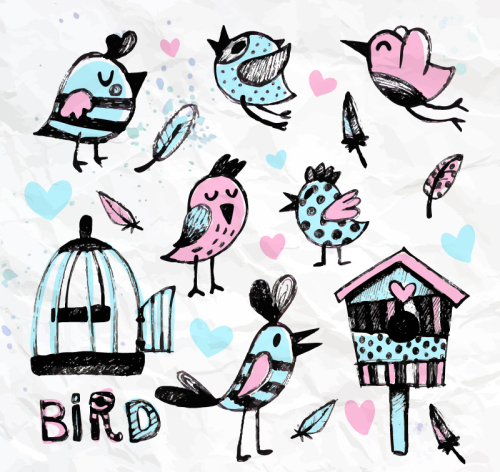8 water painted birds and cage Vectors