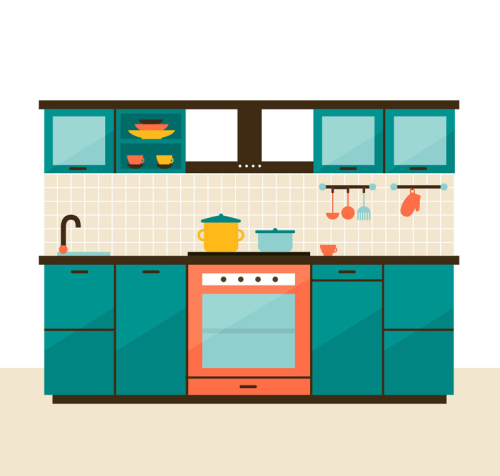 Blue-green hue kitchen design vector