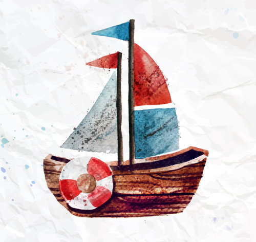 Watercolor sailboat toy vector material