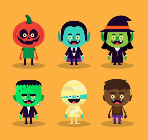 6 Halloween cartoon characters vector material