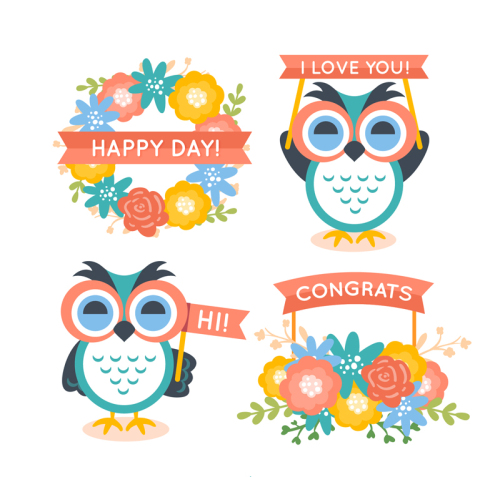 Four cartoon owls and flowers vector